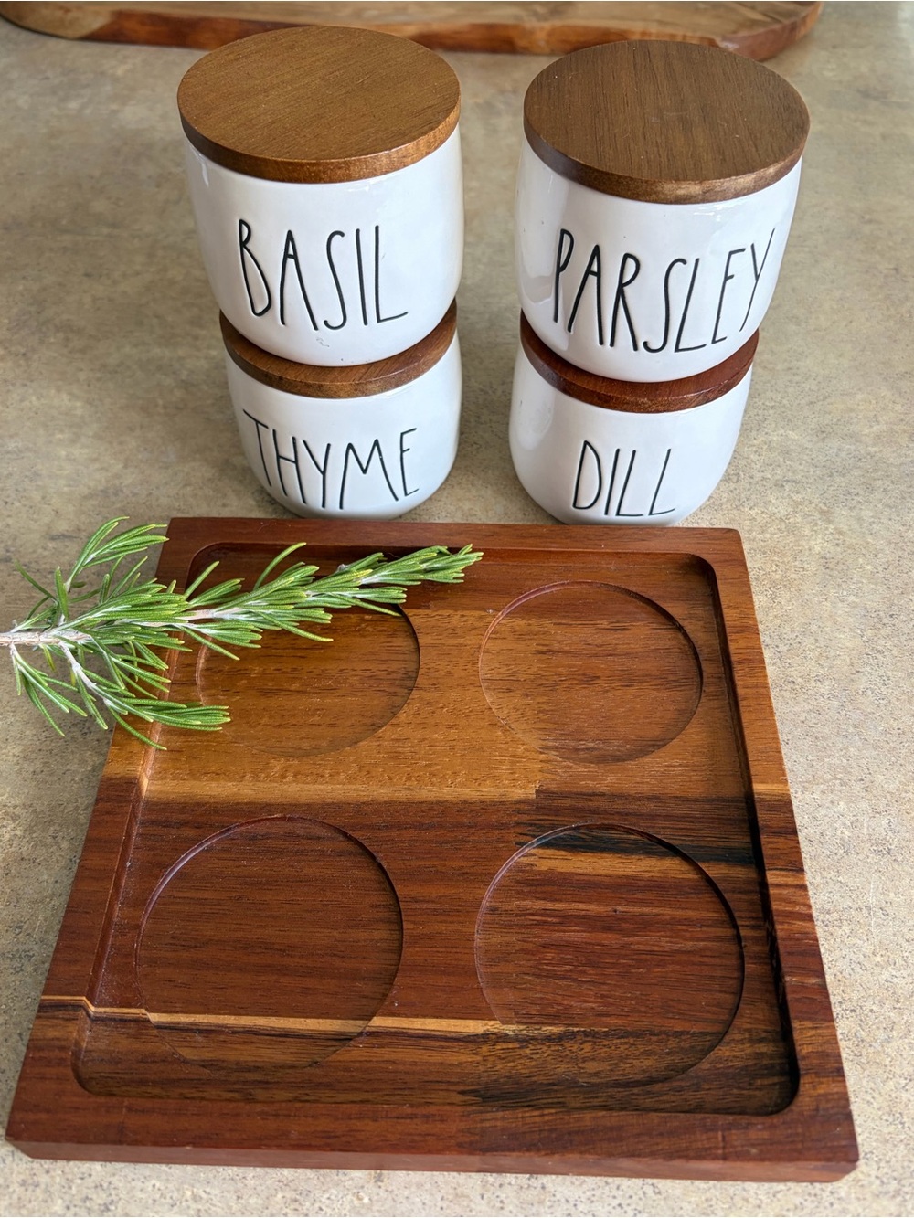 Rae Dunn White Ceramic Herb Jars with Wood Lids and Wooden Tray